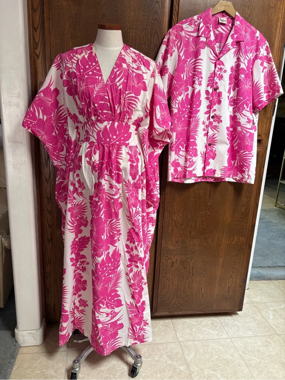 Pink & White Hawaiian Maxi Dress with Mens Matching Shirt. Honeymoon Set.